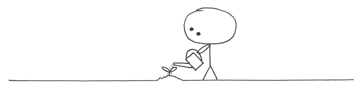 Simple line drawing of a stick figure person watering a small sprout with a watering can